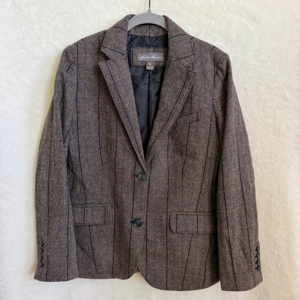 Eddie Bauer Herringbone Tweed Blazer Brown Pinstripe Womens Size P10 Petite
